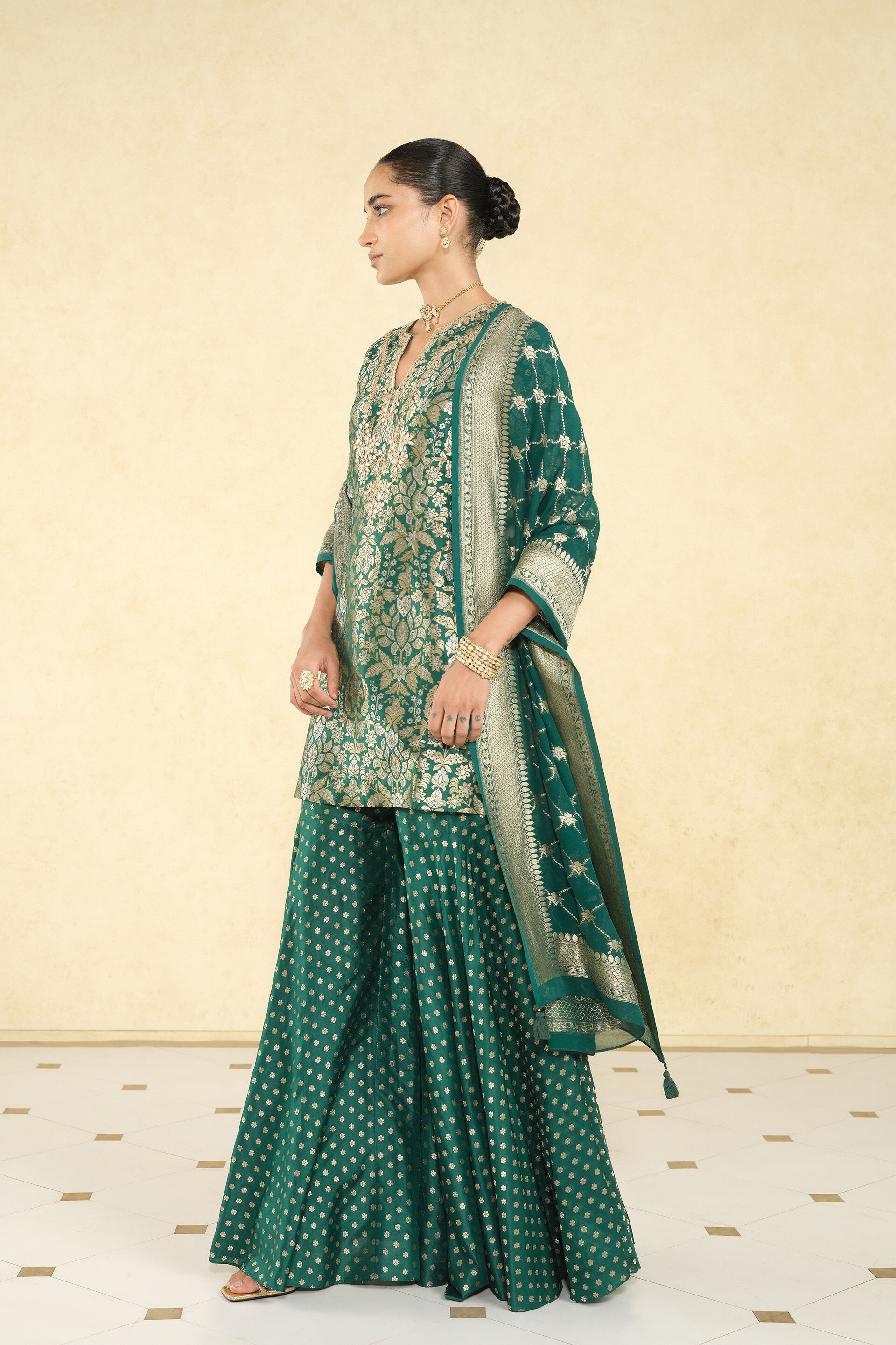 Khevna Handwoven Benarasi Silk Sharara Set - Green, Green, image 5